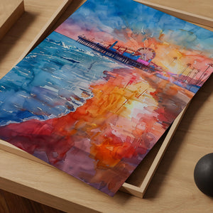 Santa Monica Watercolor Poster, Beach and Pier Wall Art, California Travel Print