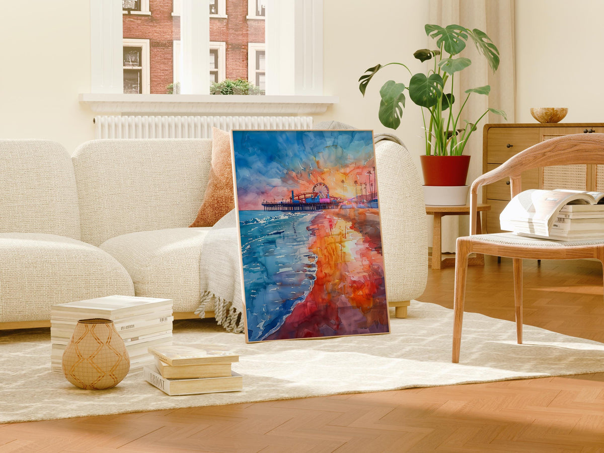 Santa Monica Watercolor Poster, Beach and Pier Wall Art, California Travel Print