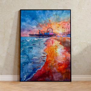 Santa Monica Watercolor Poster, Beach and Pier Wall Art, California Travel Print