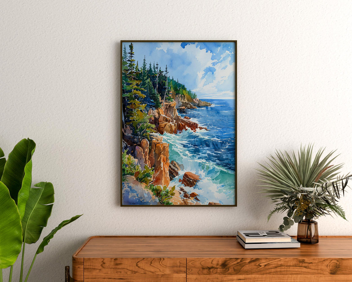 Watercolor Acadia National Park Poster, Maine Coastal Wall Art, Rustic Home Gift