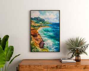 Kauai Hawaii Watercolor Poster, Tropical Island Wall Art, Beach House Decor