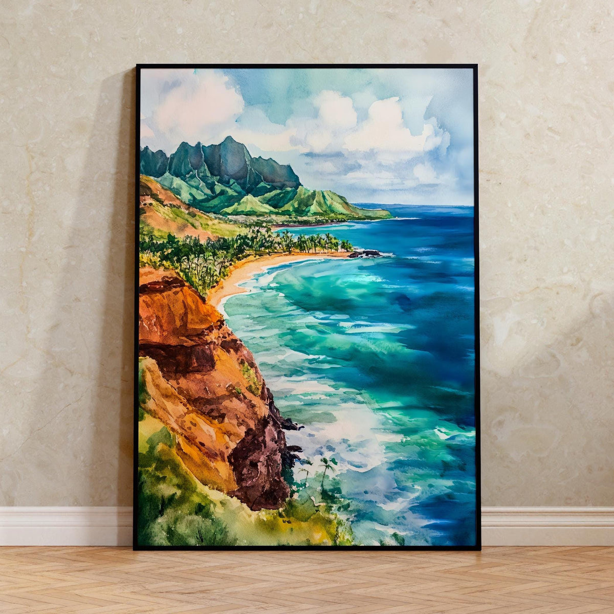 Kauai Hawaii Watercolor Poster, Tropical Island Wall Art, Beach House Decor