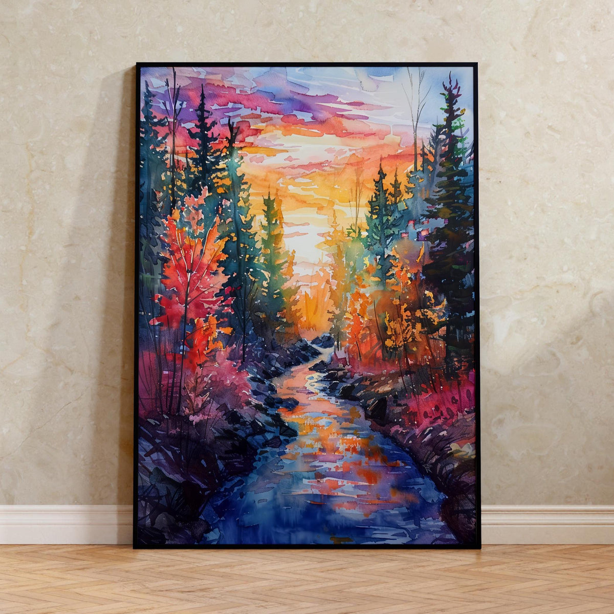 Watercolor White Mountain National Forest Poster, Autumn Stream Wall Art, New Hampshire Scenic Print
