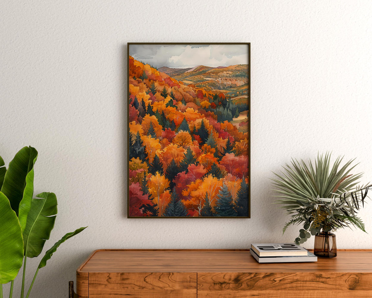 The Berkshires Autumn Watercolor Poster, Fall Forest Wall Art, New England Travel Print
