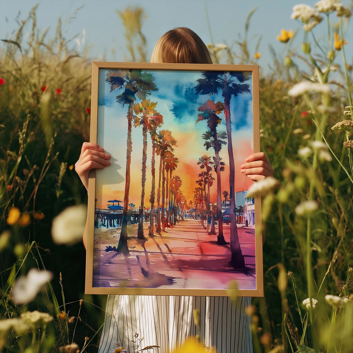 Watercolor Venice Beach Poster, California Coastal Wall Art, Los Angeles Travel Print