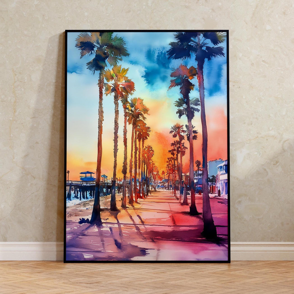 Watercolor Venice Beach Poster, California Coastal Wall Art, Los Angeles Travel Print