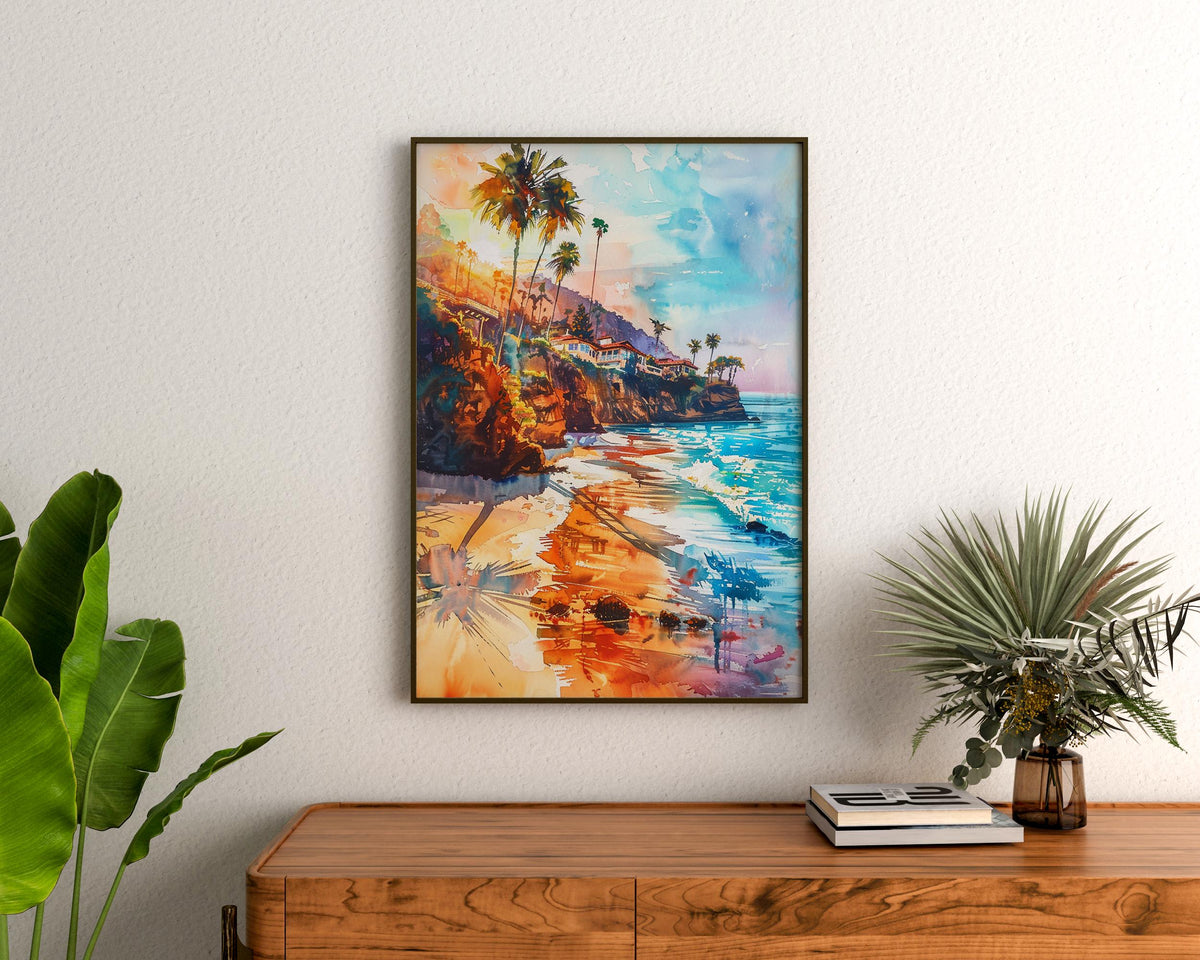 Malibu California Watercolor Poster, Coastal Beach Wall Art, Summer Beach Print
