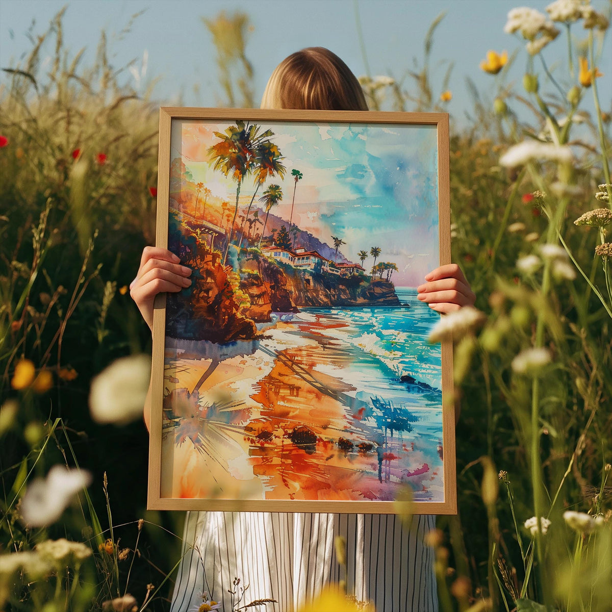 Malibu California Watercolor Poster, Coastal Beach Wall Art, Summer Beach Print