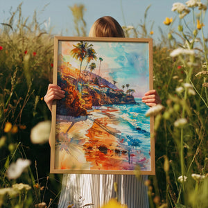 Malibu California Watercolor Poster, Coastal Beach Wall Art, Summer Beach Print