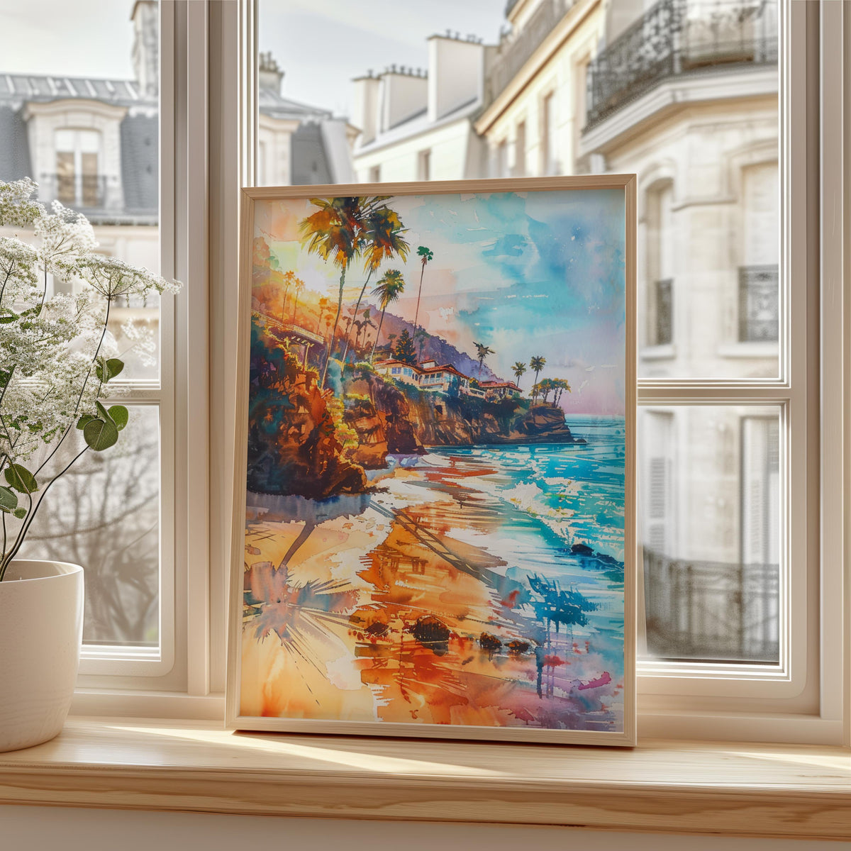 Malibu California Watercolor Poster, Coastal Beach Wall Art, Summer Beach Print