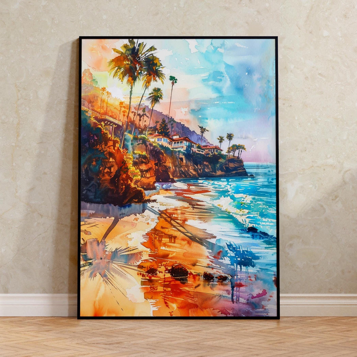 Malibu California Watercolor Poster, Coastal Beach Wall Art, Summer Beach Print