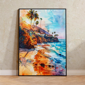 Malibu California Watercolor Poster, Coastal Beach Wall Art, Summer Beach Print