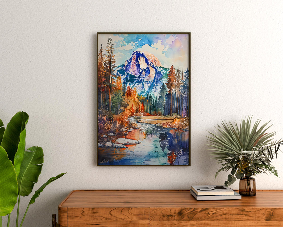 Watercolor Yosemite National Park Poster, Half Dome Wall Art, Mountain Landscape Print