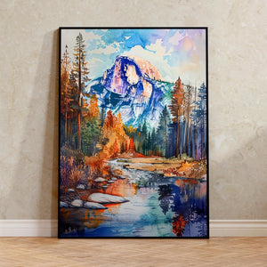 Watercolor Yosemite National Park Poster, Half Dome Wall Art, Mountain Landscape Print