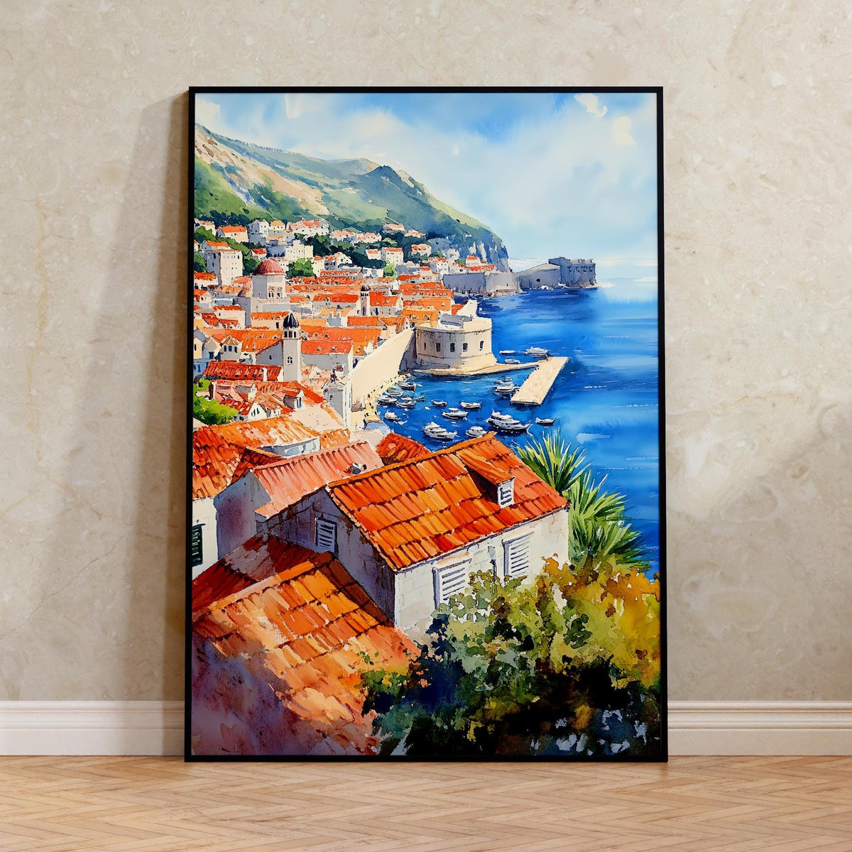 Watercolor Dubrovnik Croatia Poster, Old Town Wall Art, Adriatic Coast Travel Print