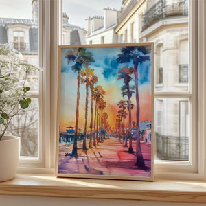Watercolor Venice Beach Poster, California Coastal Wall Art, Los Angeles Travel Print