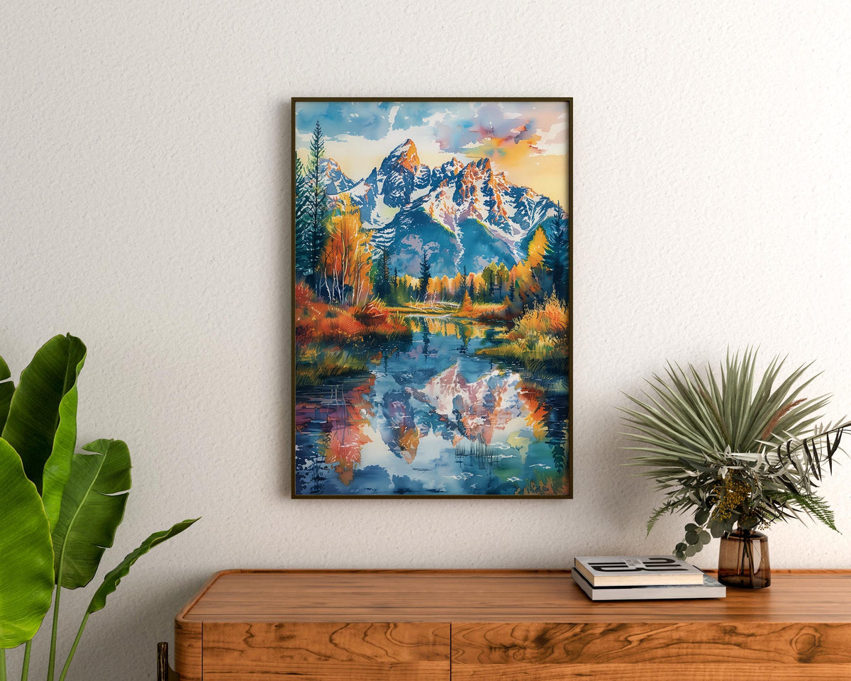 Grand Teton Watercolor Poster, Wyoming National Park Wall Art, Rocky Mountain Nature Decor
