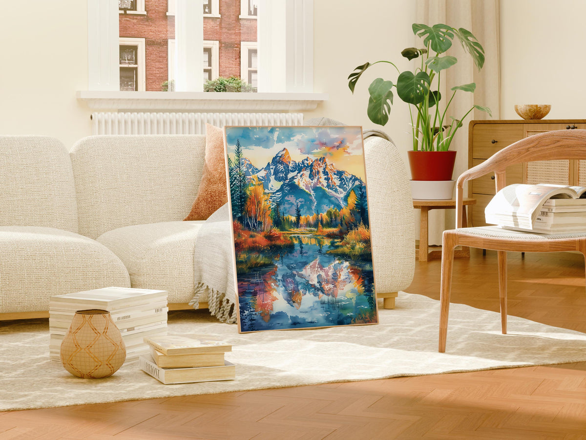 Grand Teton Watercolor Poster, Wyoming National Park Wall Art, Rocky Mountain Nature Decor