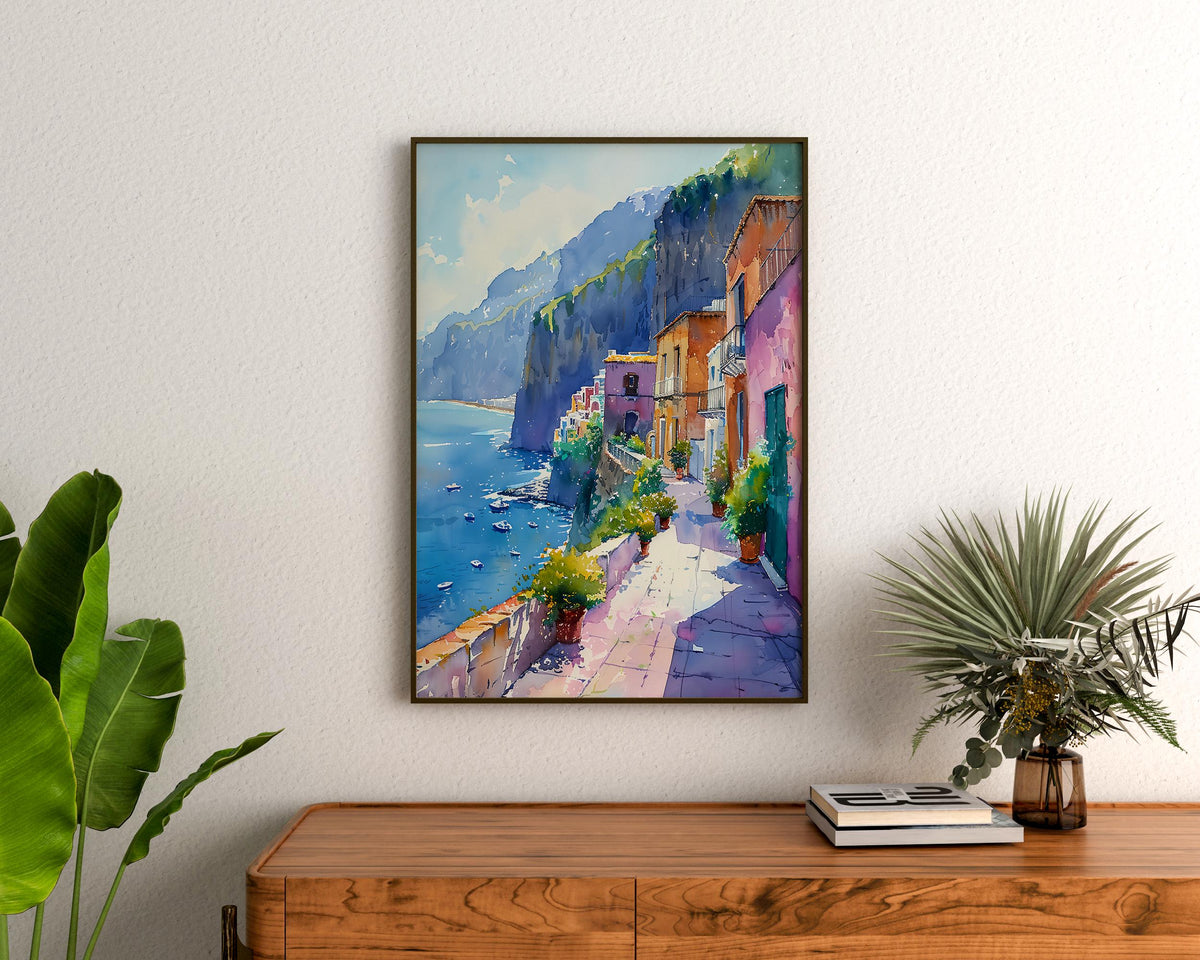 Watercolor Sorrento Italy Poster, Amalfi Coast Wall Art, Mediterranean Travel Print