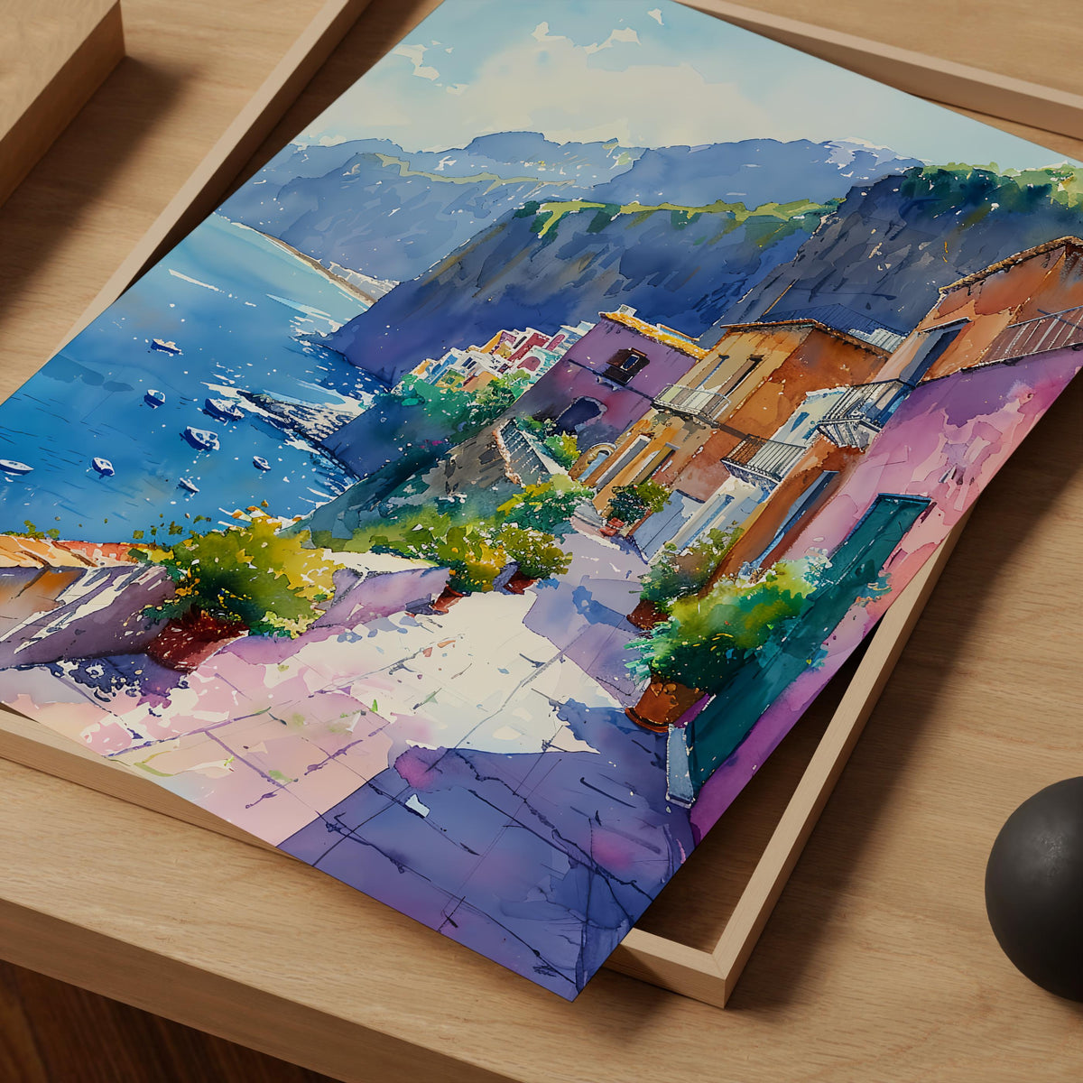 Watercolor Sorrento Italy Poster, Amalfi Coast Wall Art, Mediterranean Travel Print