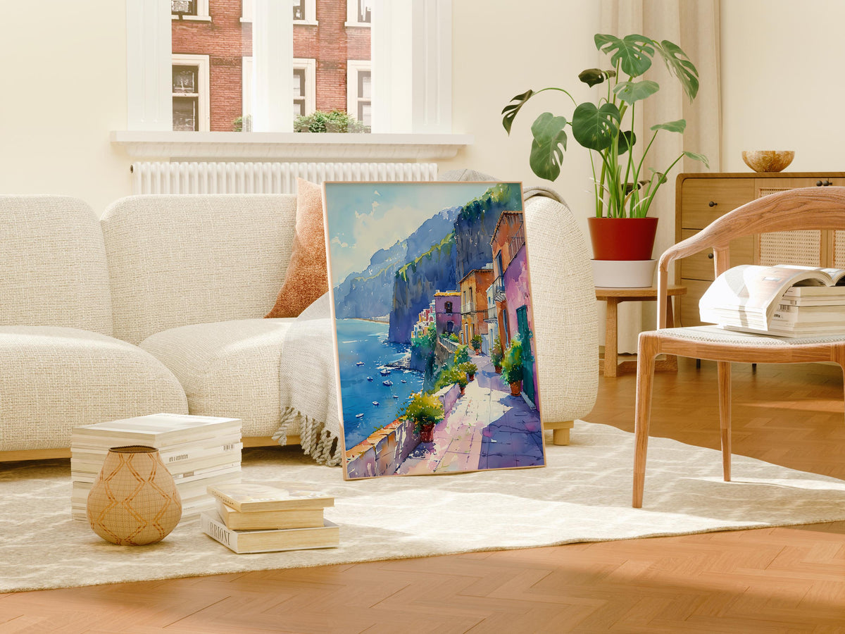 Watercolor Sorrento Italy Poster, Amalfi Coast Wall Art, Mediterranean Travel Print