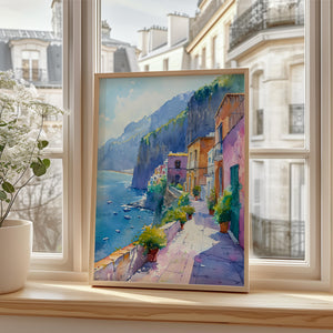 Watercolor Sorrento Italy Poster, Amalfi Coast Wall Art, Mediterranean Travel Print