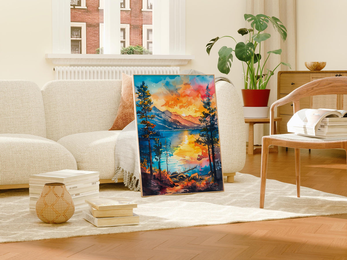 Lake Tahoe Watercolor Print, Vacation Rental Decor, Sierra Nevada Landscape Wall Art