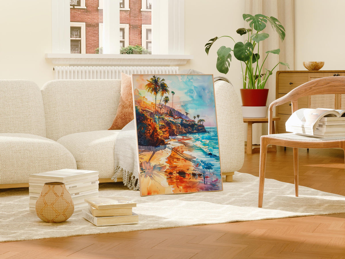 Malibu California Watercolor Poster, Coastal Beach Wall Art, Summer Beach Print