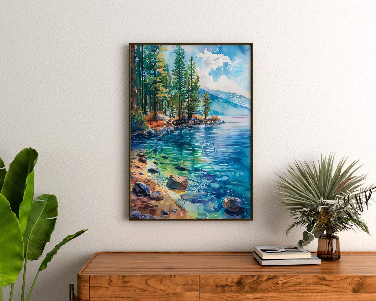 Lake Tahoe Poster, Watercolor Wall Art, Mountain Landscape Print