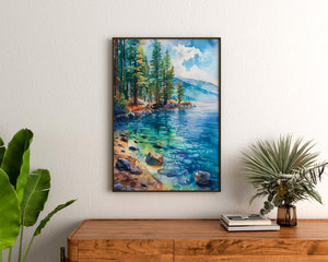 Lake Tahoe Poster, Watercolor Wall Art, Mountain Landscape Print
