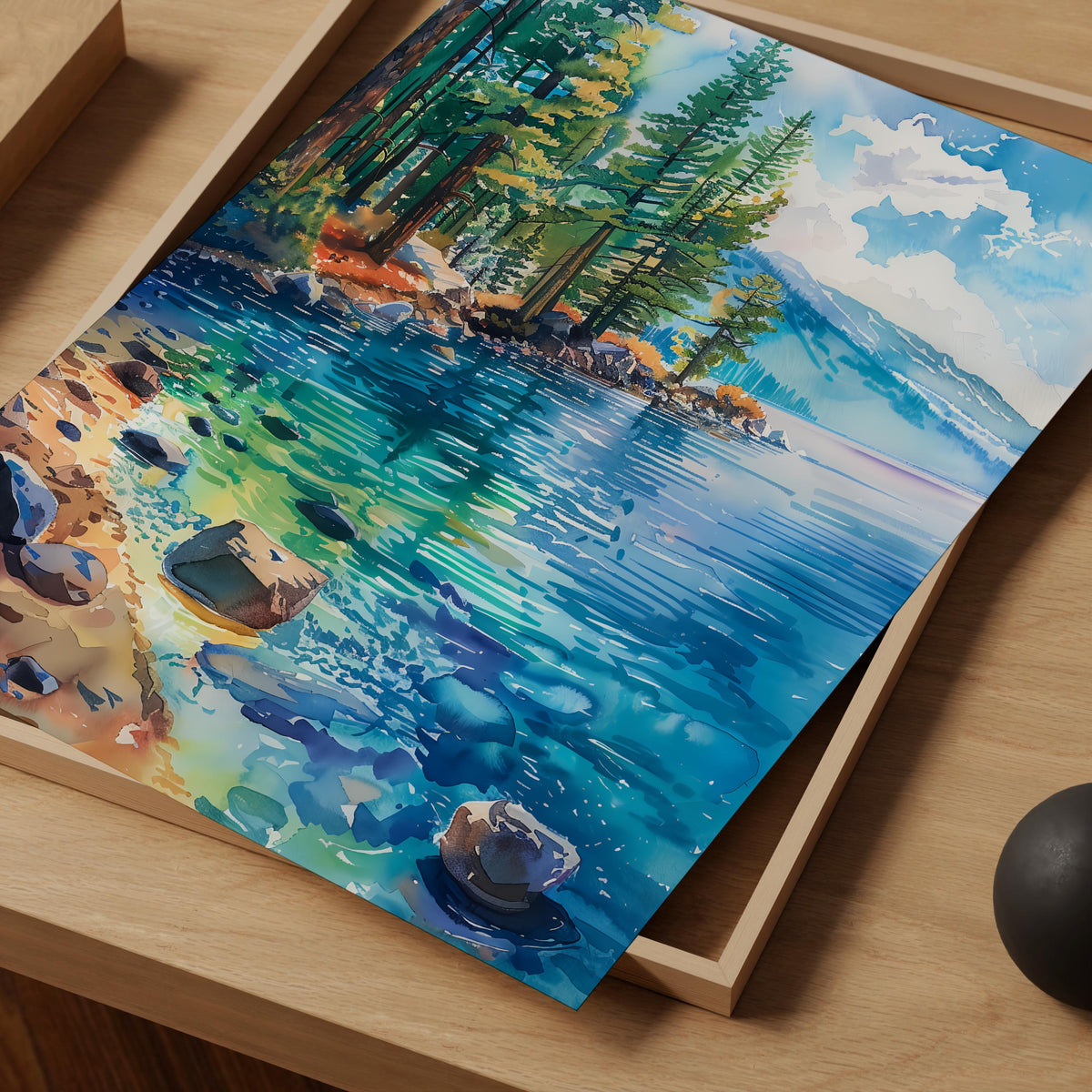 Lake Tahoe Poster, Watercolor Wall Art, Mountain Landscape Print