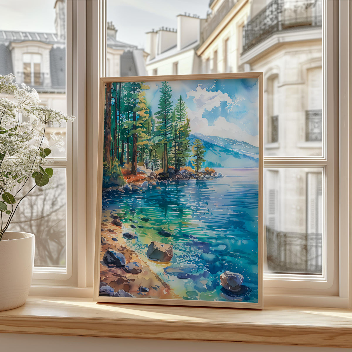Lake Tahoe Poster, Watercolor Wall Art, Mountain Landscape Print