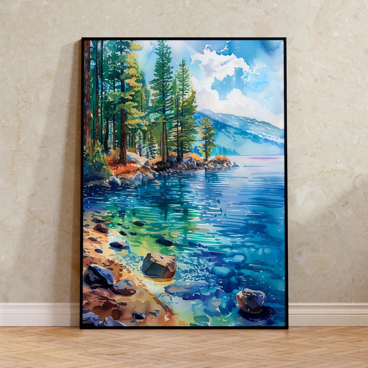 Lake Tahoe Poster, Watercolor Wall Art, Mountain Landscape Print