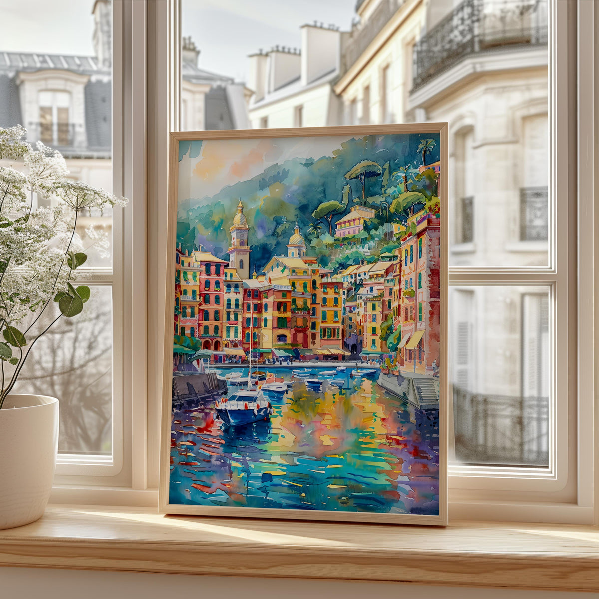 Portofino Italy Watercolor Poster, Italian Riviera Wall Art, Mediterranean Coast Travel Print