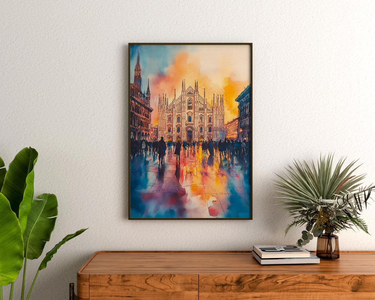 Milan Watercolor Print, Italy Cathedral Poster, Europe Historic Travel Art