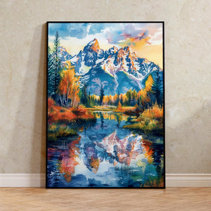 Grand Teton Watercolor Poster, Wyoming National Park Wall Art, Rocky Mountain Nature Decor