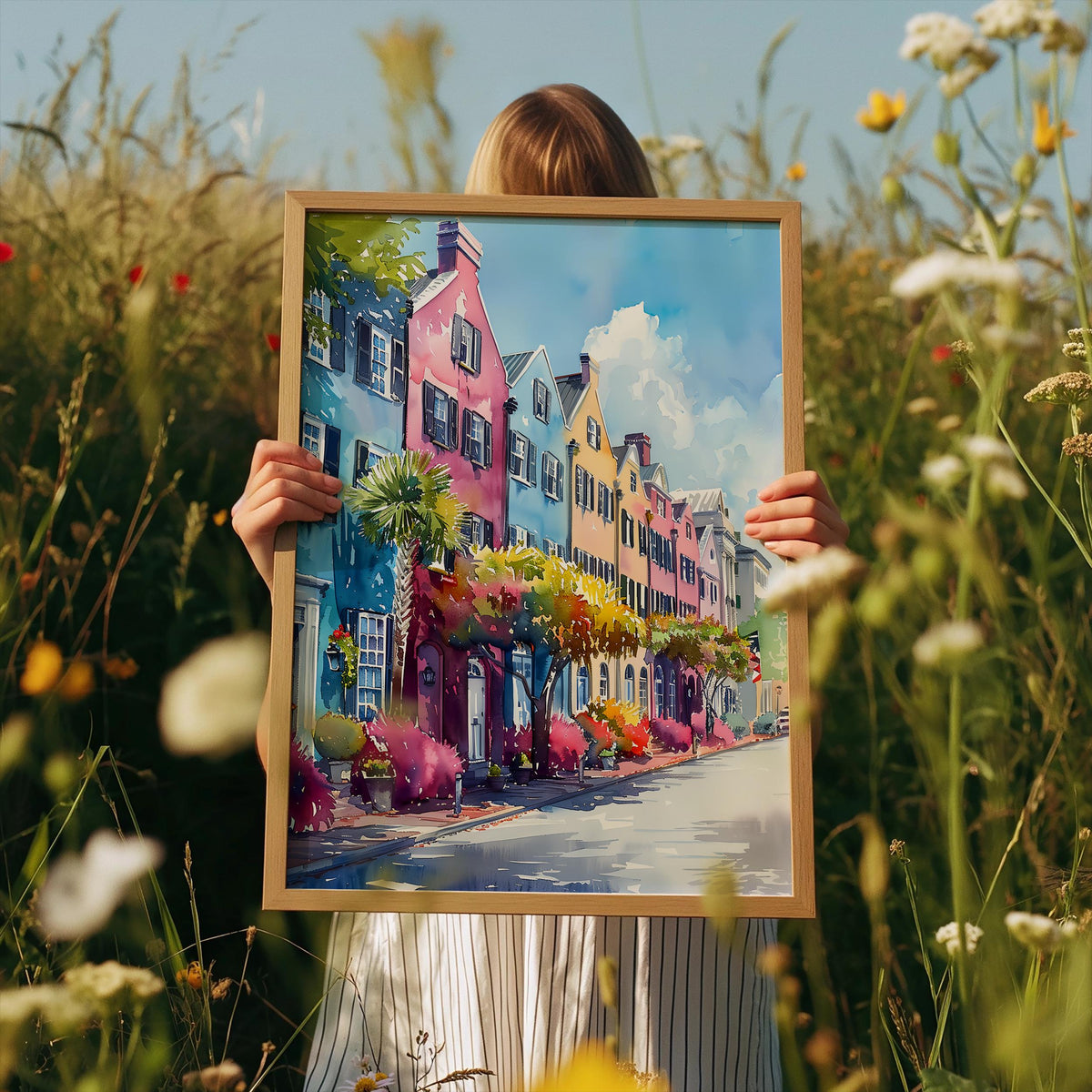 Charleston Watercolor Poster, Rainbow Row Print, South Carolina Wall Art