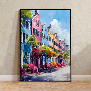 Charleston Watercolor Poster, Rainbow Row Print, South Carolina Wall Art