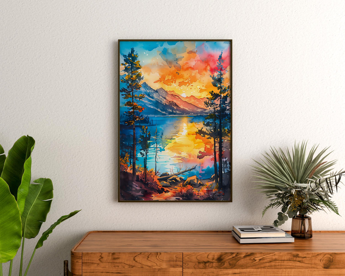 Lake Tahoe Watercolor Print, Vacation Rental Decor, Sierra Nevada Landscape Wall Art