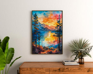 Lake Tahoe Watercolor Print, Vacation Rental Decor, Sierra Nevada Landscape Wall Art