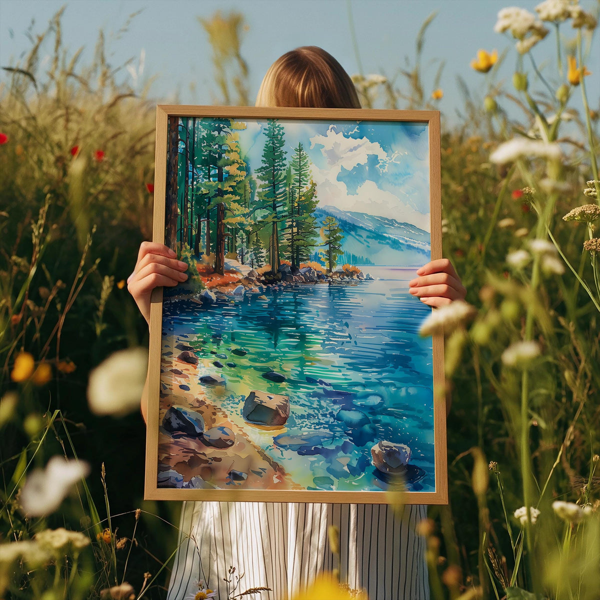 Lake Tahoe Poster, Watercolor Wall Art, Mountain Landscape Print