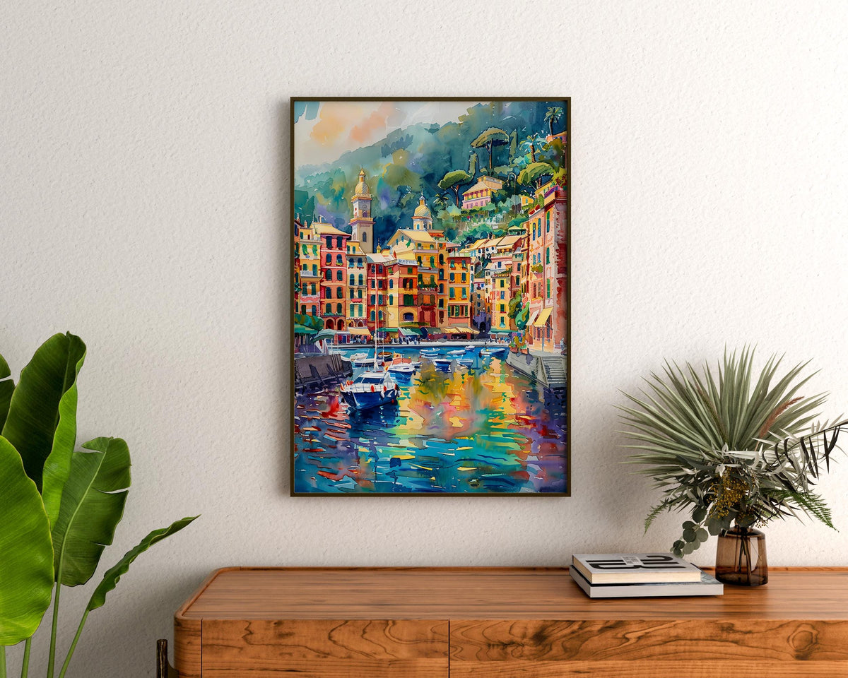 Portofino Italy Watercolor Poster, Italian Riviera Wall Art, Mediterranean Coast Travel Print