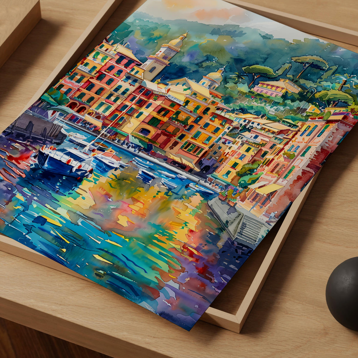 Portofino Italy Watercolor Poster, Italian Riviera Wall Art, Mediterranean Coast Travel Print