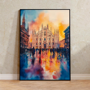 Milan Watercolor Print, Italy Cathedral Poster, Europe Historic Travel Art