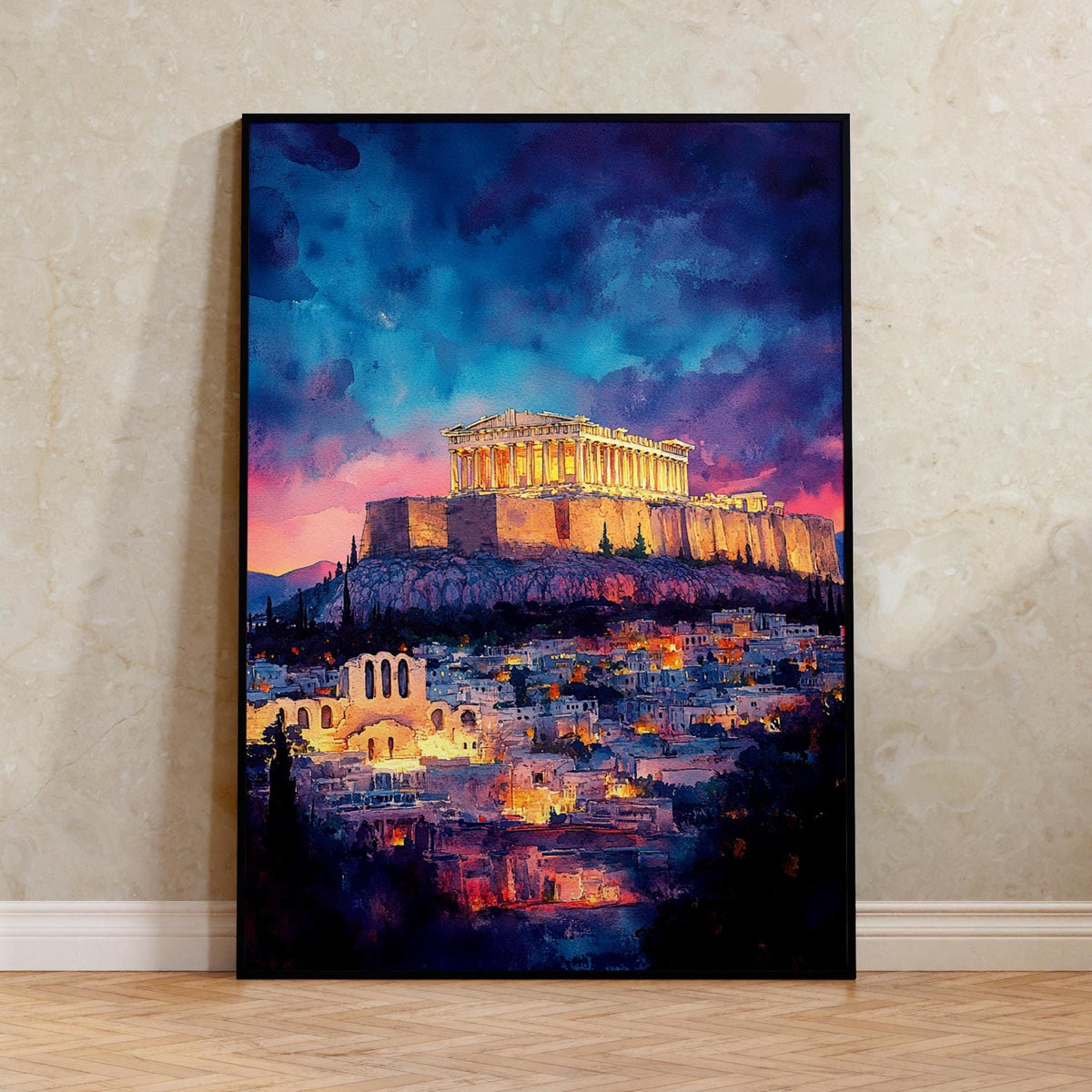 Athens Watercolor Travel Poster, Parthenon Wall Art, Greek Architecture Print