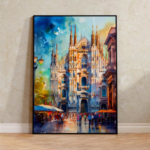 Milan Italy Watercolor Poster, Duomo di Milano Print, Italian Theme Decor