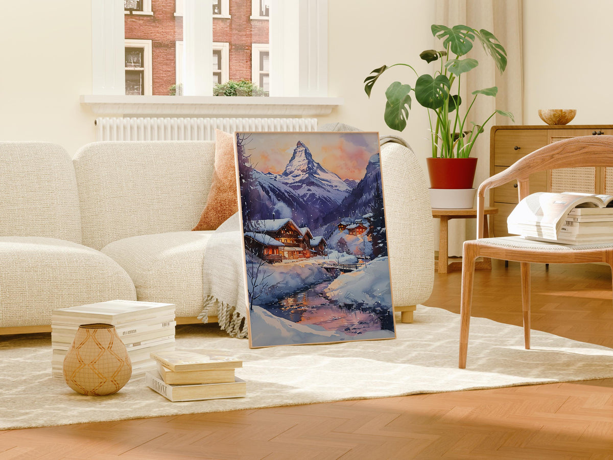 Matterhorn Watercolor Art Print - Swiss Mountain Landscape Poster - Zermatt Switzerland Print