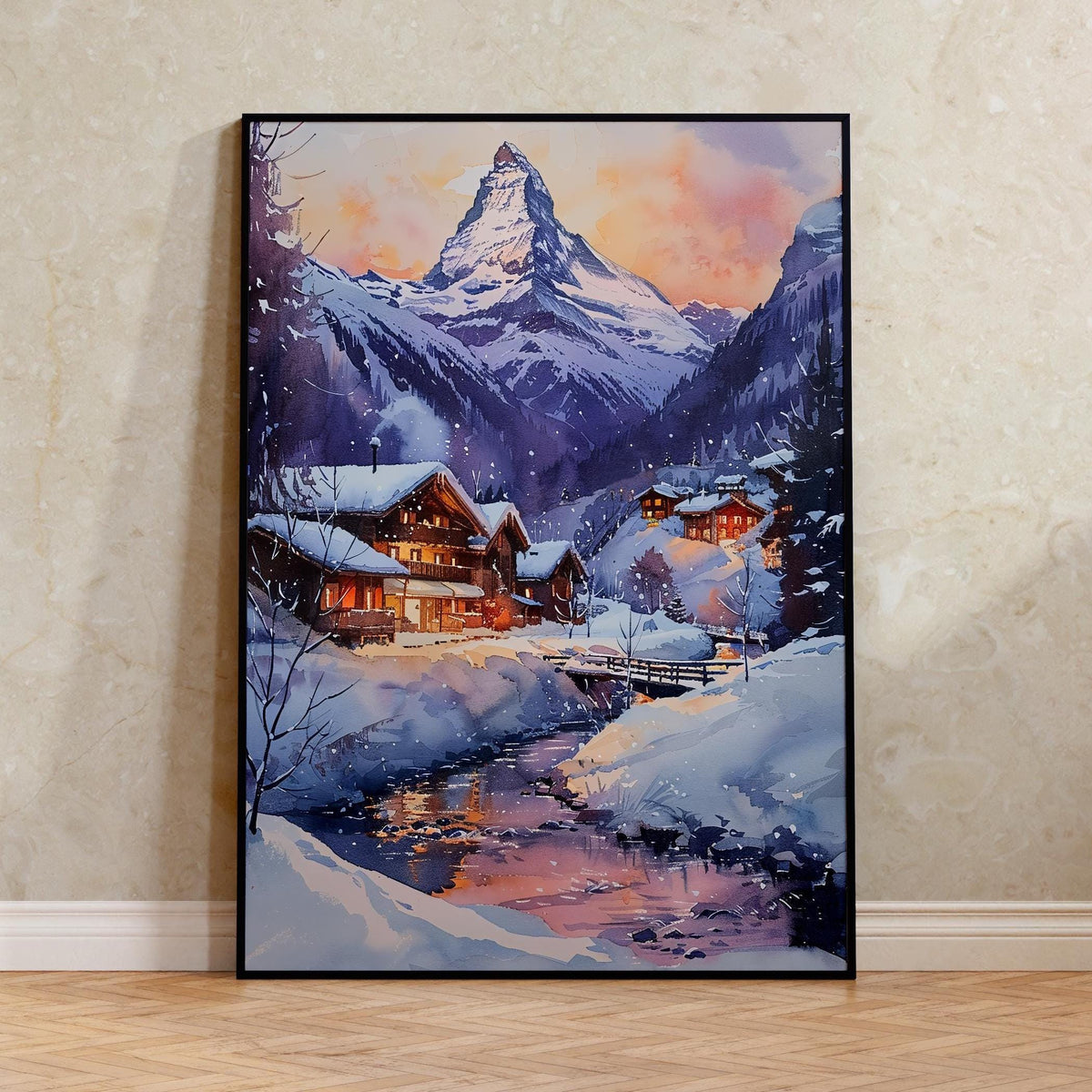 Matterhorn Watercolor Art Print - Swiss Mountain Landscape Poster - Zermatt Switzerland Print
