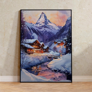 Matterhorn Watercolor Art Print - Swiss Mountain Landscape Poster - Zermatt Switzerland Print