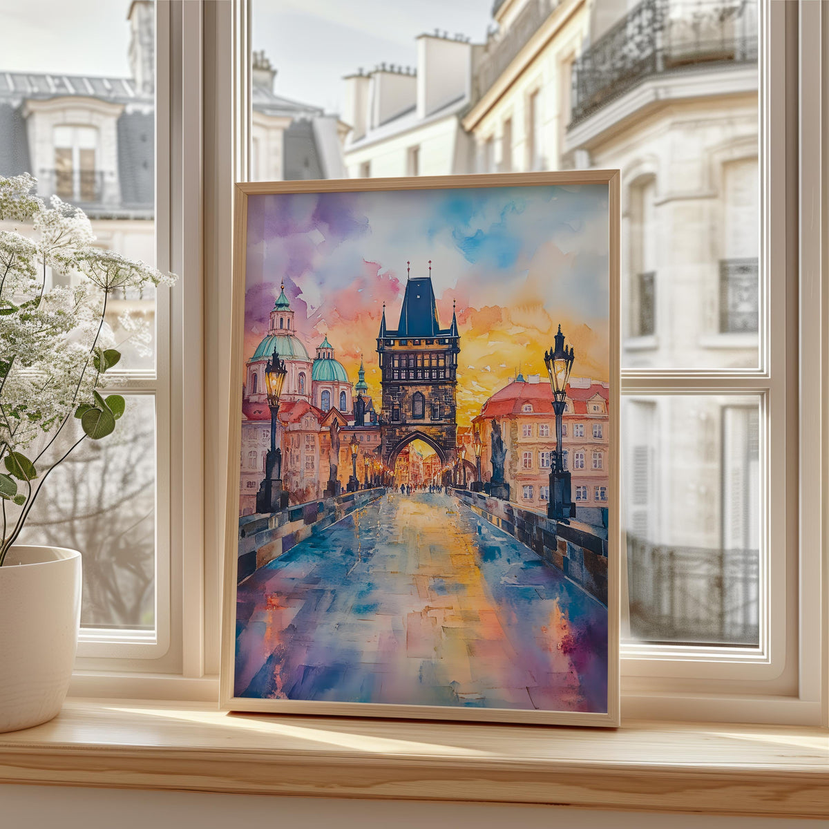 Prague Watercolor Poster, Charles Bridge Print, Czech Republic Wall Art